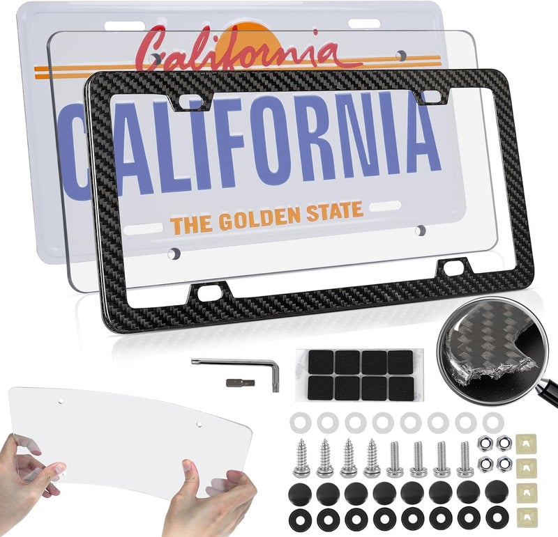 HIBRONGO License Plate Frame Cover - 100% Real Carbon Fiber License Plate Frame with Clear License Plate Cover Protector Universal Waterproof License Plate Holder with Complete Hardware - 1 Pack - Image 1